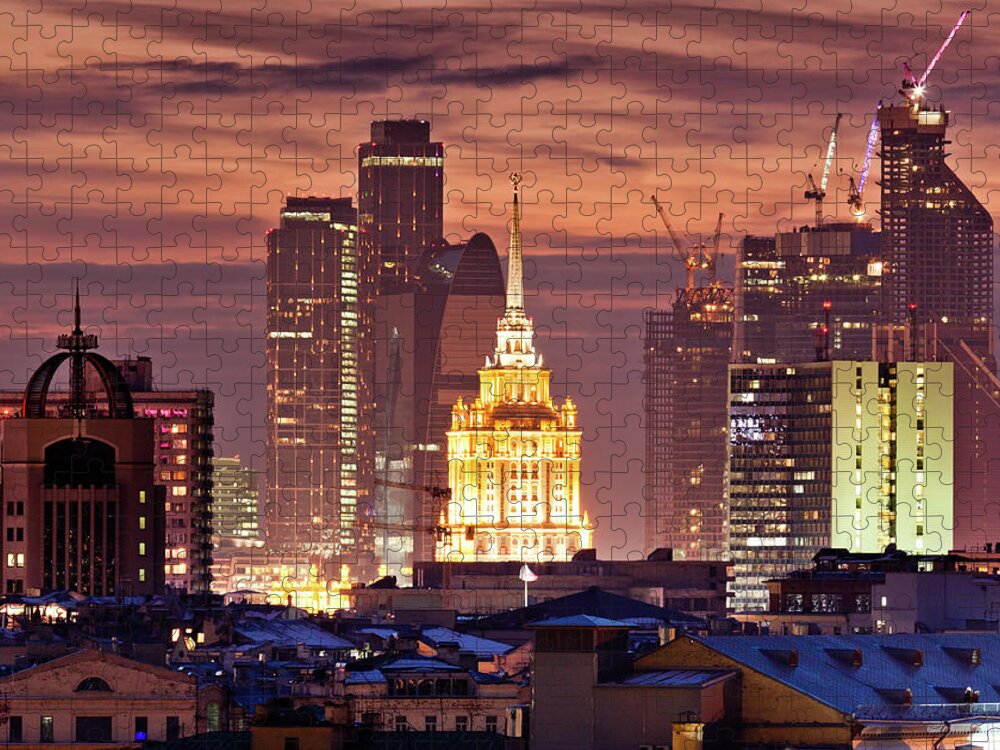 Apartment Jigsaw Puzzle featuring the photograph Moscow Skyscrapers At Sunset by Mordolff