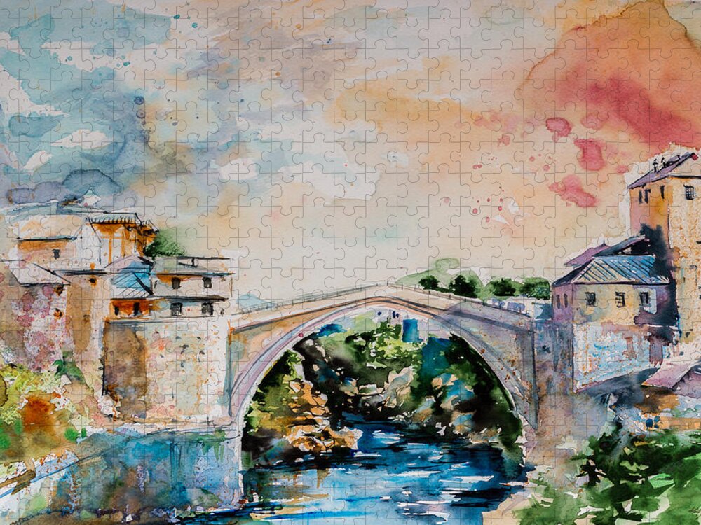 Mostar Jigsaw Puzzle featuring the painting Mostar bridge by Kovacs Anna Brigitta