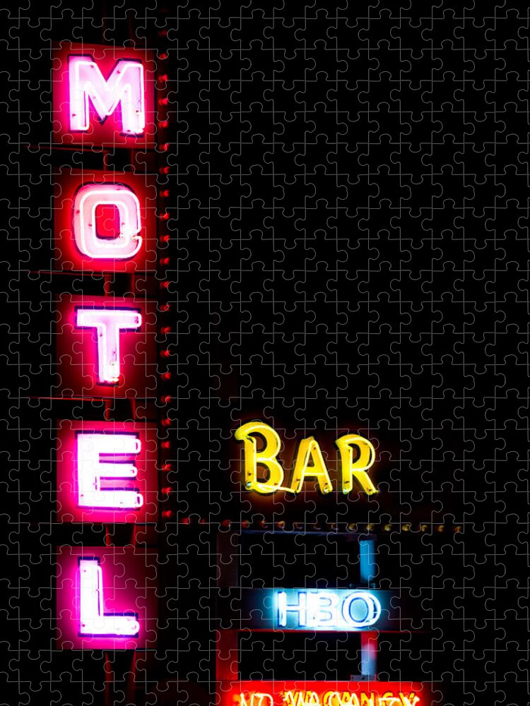 Neon Jigsaw Puzzle featuring the photograph Motel Bar HBO No Vacancy by James BO Insogna