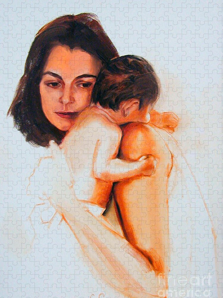 Painted Portrait Jigsaw Puzzle featuring the painting Mother and child by Greta Corens