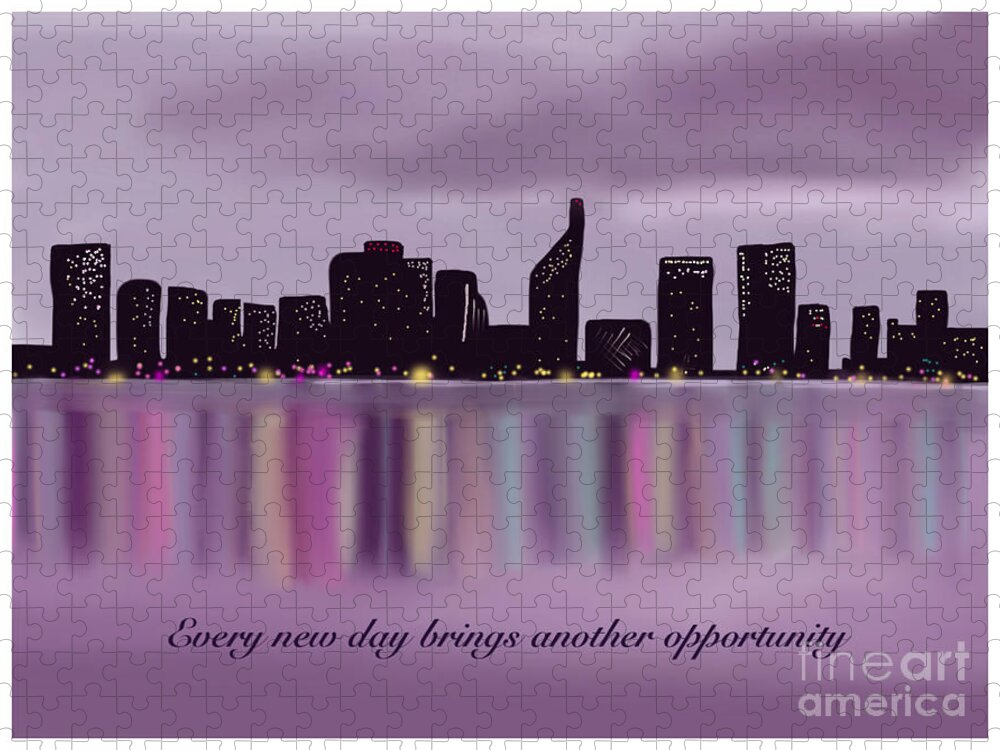 Text Jigsaw Puzzle featuring the painting Perth, Australia City Skyline Motivational Message by Barefoot Bodeez Art