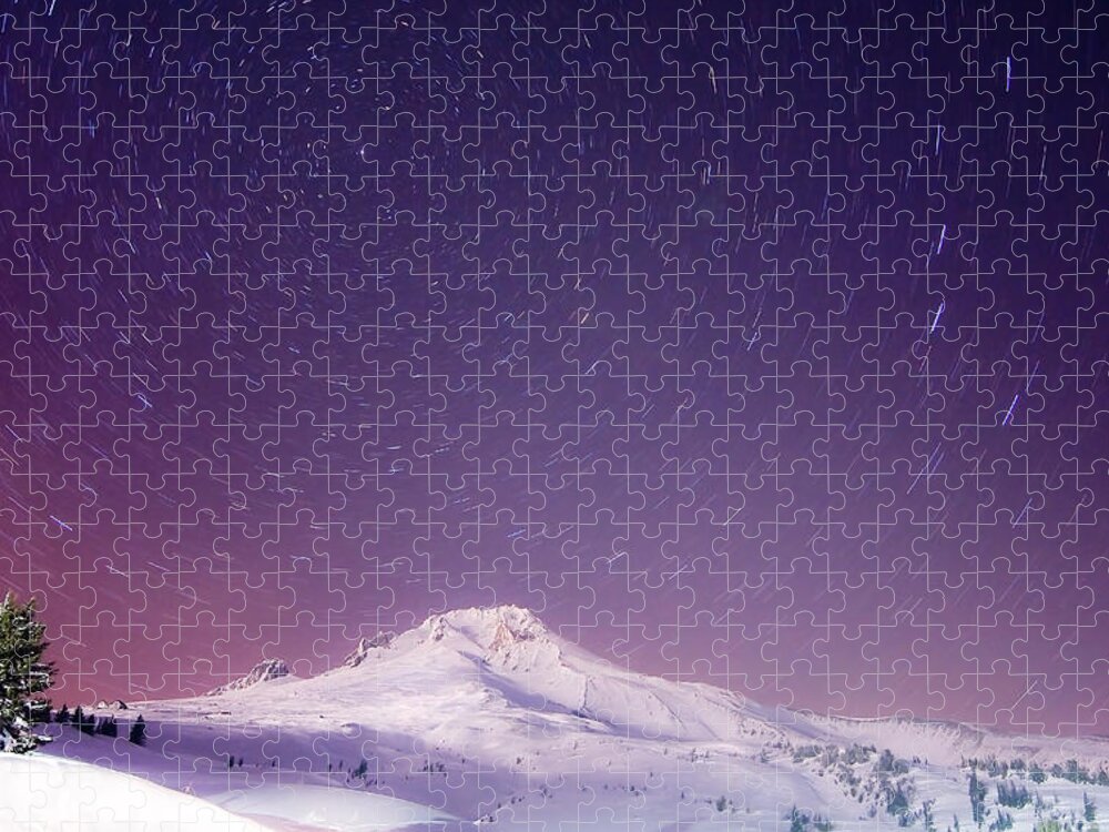  Snowfall Puzzle featuring the photograph Mount Hood and Stars by Darren White