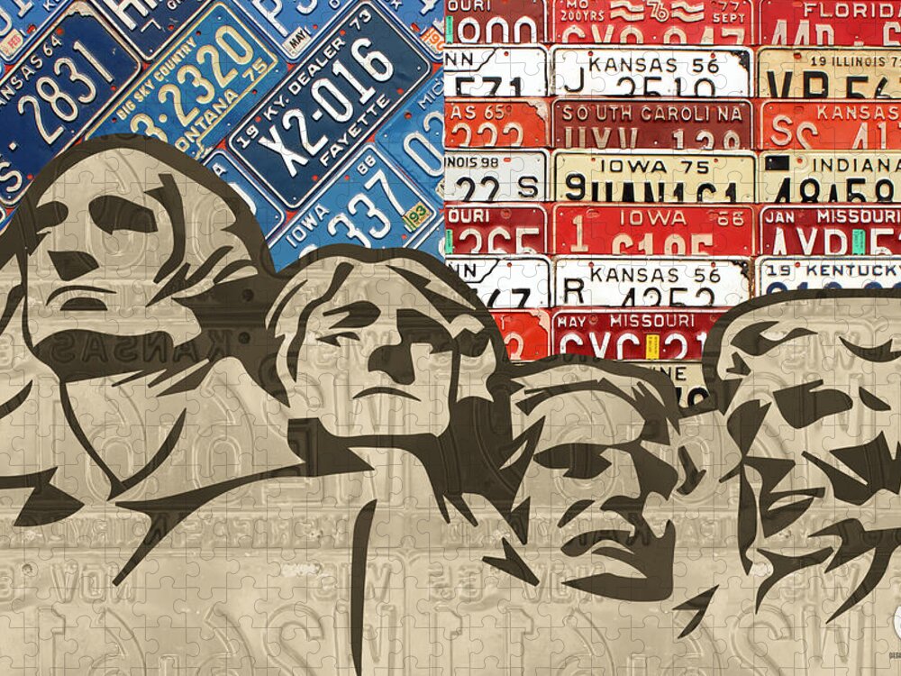 Mount Jigsaw Puzzle featuring the mixed media Mount Rushmore Monument Vintage Recycled License Plate Art by Design Turnpike