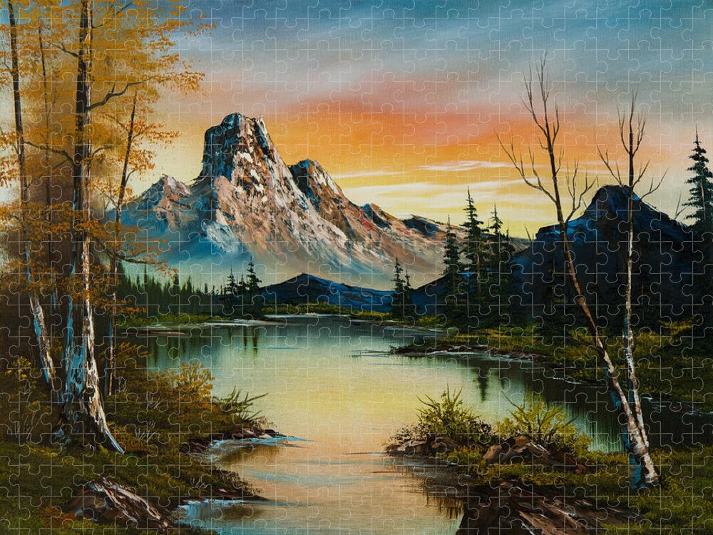 Landscape Jigsaw Puzzle featuring the painting Sunset Lake by Chris Steele