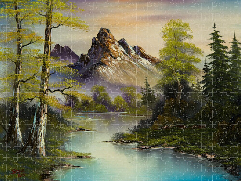 Landscape Jigsaw Puzzle featuring the painting Mountain Evening by Chris Steele