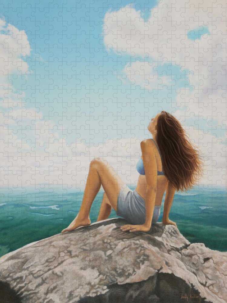Realistic Jigsaw Puzzle featuring the painting Mountaintop Meditation by Holly Kallie