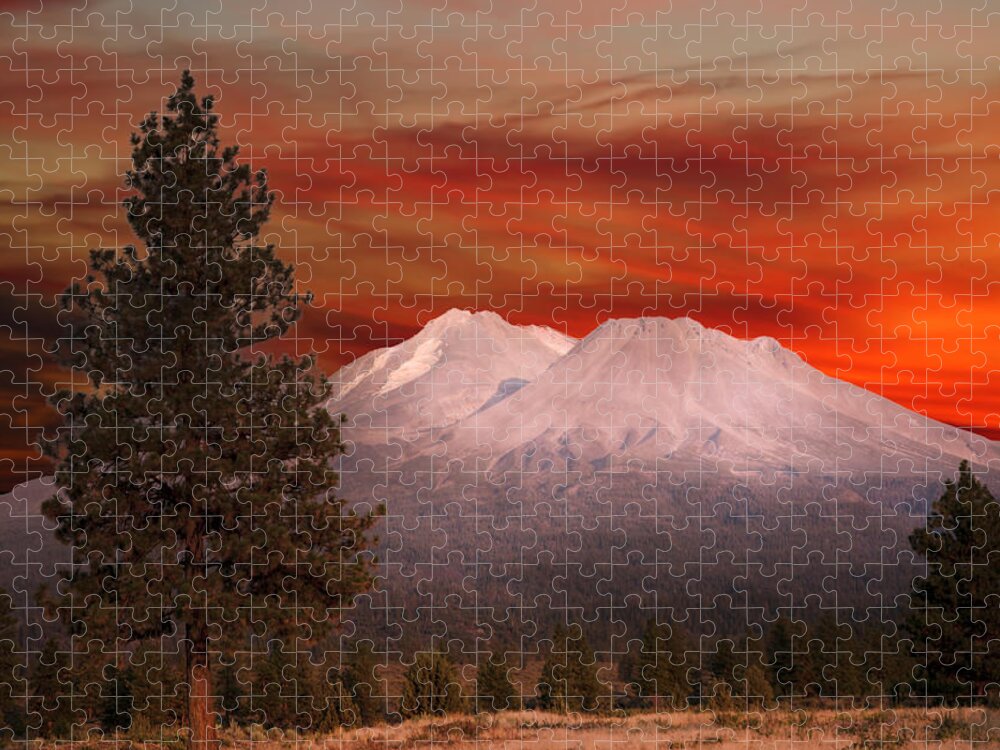 Mt Shasta Fire In The Skym Mountains Jigsaw Puzzle featuring the photograph Mt Shasta Fire in the Sky by Randall Branham