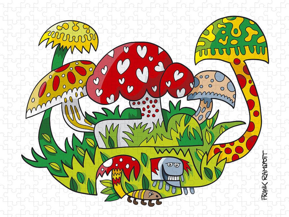 Frank Ramspott Jigsaw Puzzle featuring the digital art Mushroom Doodle Nature by Frank Ramspott