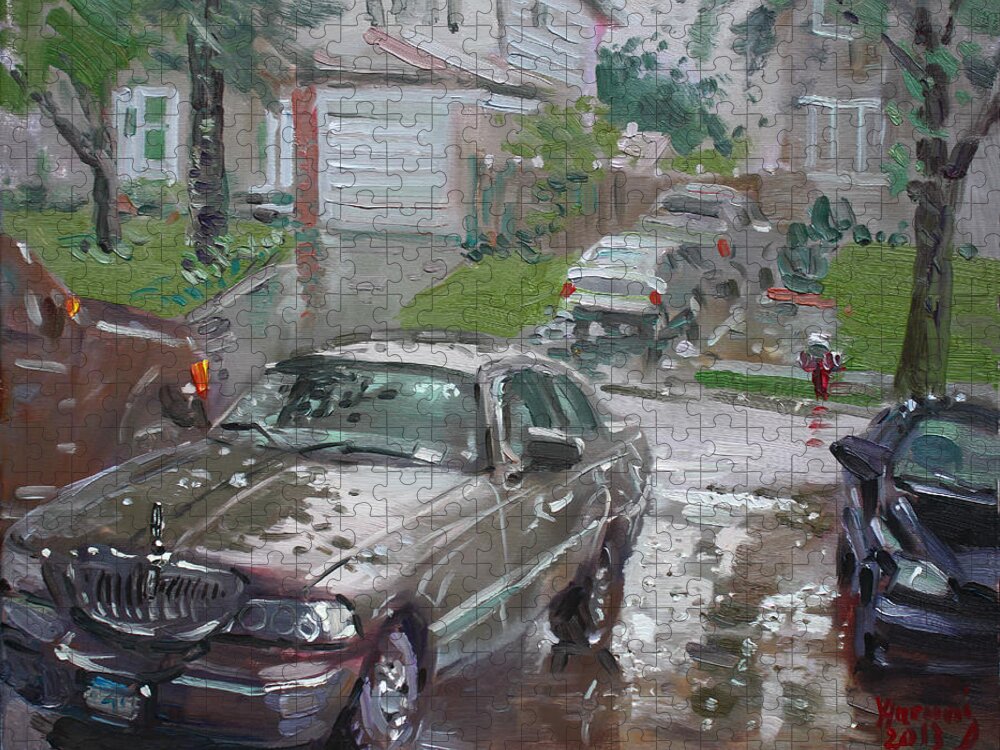 Lincoln Town Car Jigsaw Puzzle featuring the painting My Lincoln in the Rain by Ylli Haruni