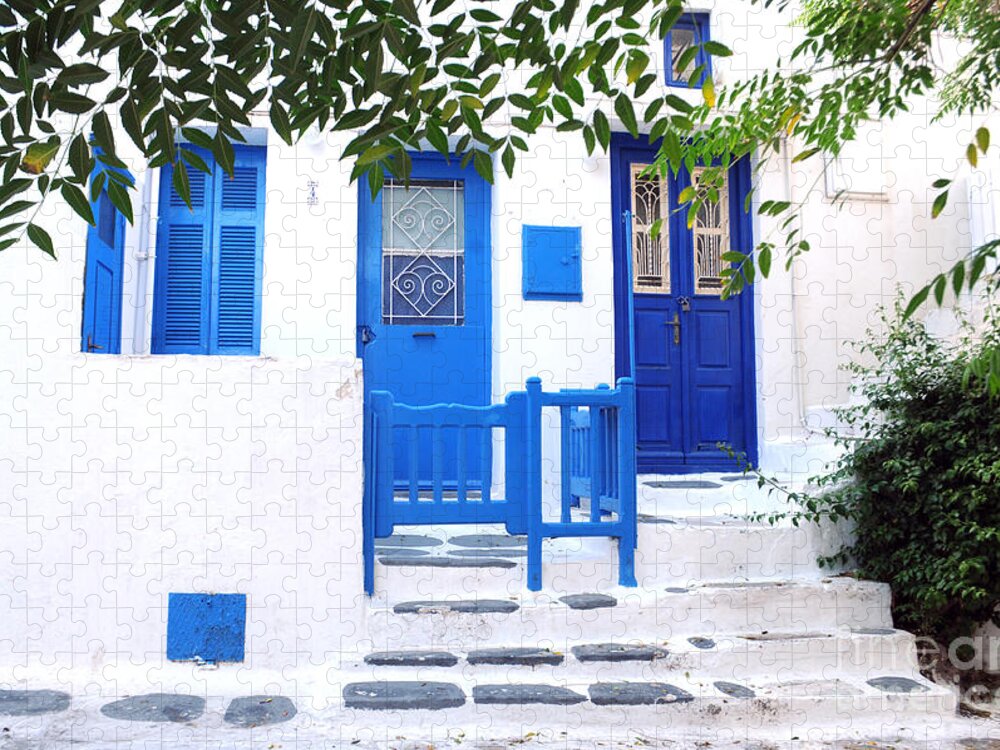 Greece Jigsaw Puzzle featuring the photograph Mykonos blue doors by Haleh Mahbod