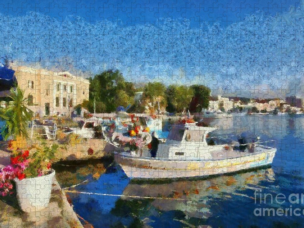 Lesvos; Lesbos; Mytilini; Mitilini; Mytilene; City; Town; Port Jigsaw Puzzle featuring the painting Mytilini port by George Atsametakis