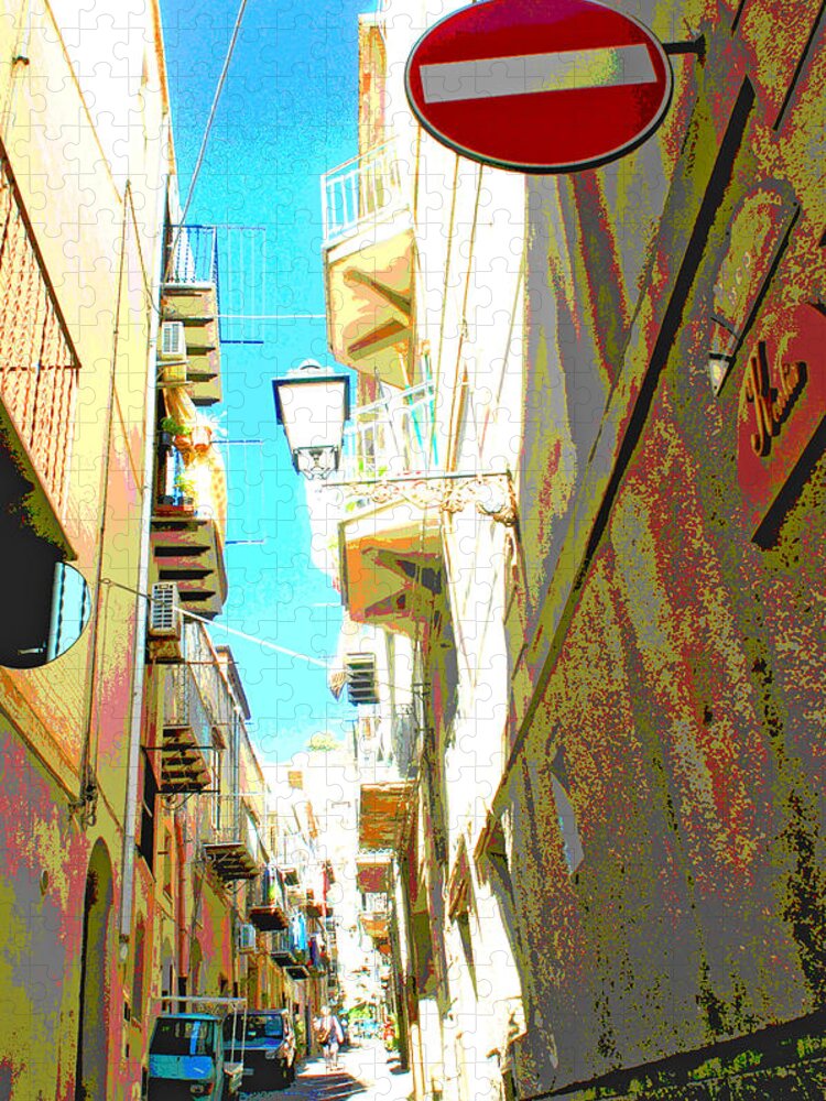 Narrow Street Jigsaw Puzzle featuring the photograph Narrow Street Cefalu Italy Digital Art by A Macarthur Gurmankin