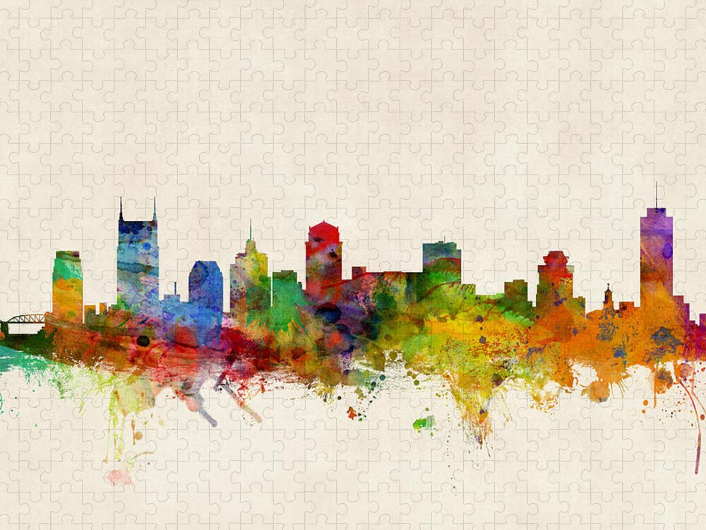 Watercolour Puzzle featuring the digital art Nashville Tennessee Skyline by Michael Tompsett