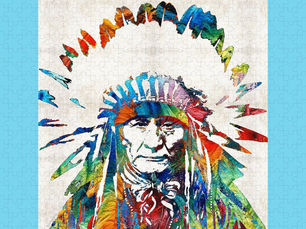 Native American Jigsaw Puzzle featuring the painting Native American Art - Chief - By Sharon Cummings by Sharon Cummings