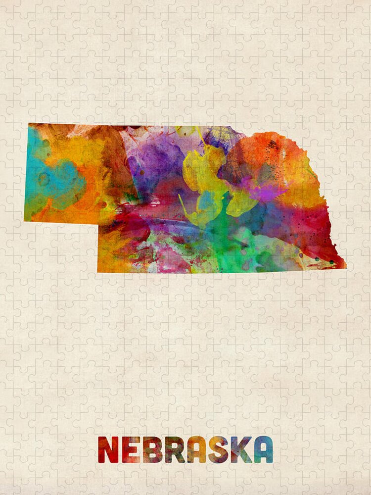 United States Map Jigsaw Puzzle featuring the digital art Nebraska Watercolor Map by Michael Tompsett
