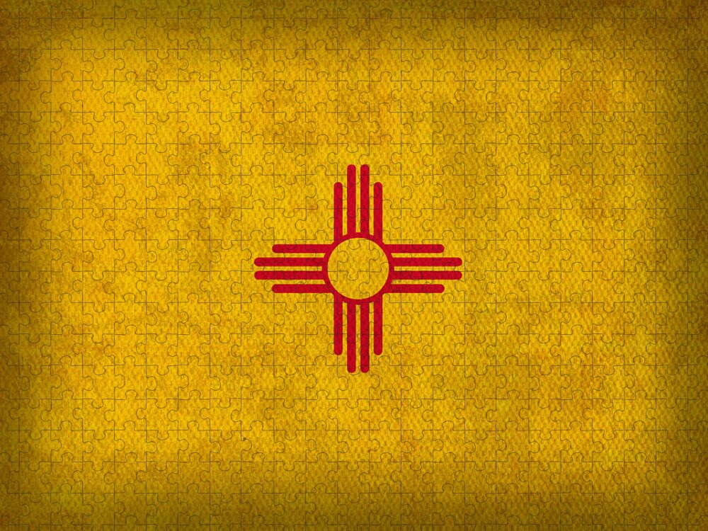 New Mexico State Flag Art On Worn Canvas Jigsaw Puzzle featuring the mixed media New Mexico State Flag Art on Worn Canvas by Design Turnpike