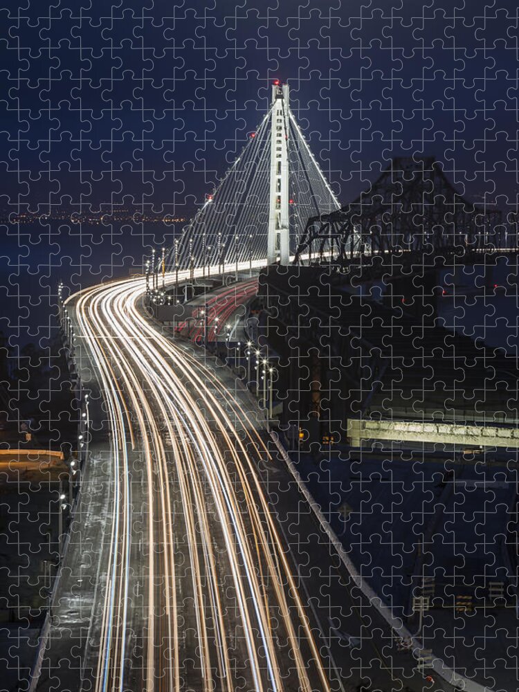 3scape Jigsaw Puzzle featuring the photograph New San Francisco Oakland Bay Bridge Vertical by Adam Romanowicz