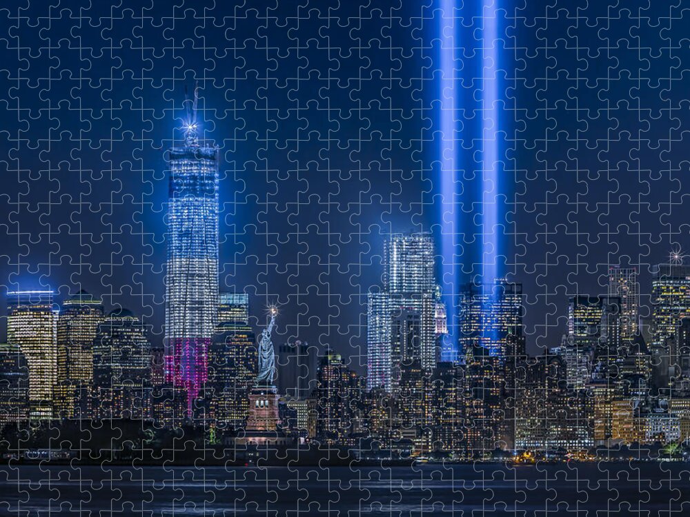 Tribute In Light Jigsaw Puzzle featuring the photograph New York City Tribute In Lights by Susan Candelario