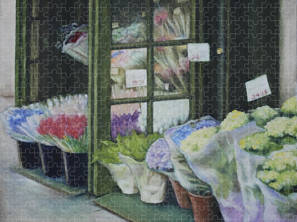 Fine Art Painting Jigsaw Puzzle featuring the painting New York Flower Shop by Rebecca Matthews