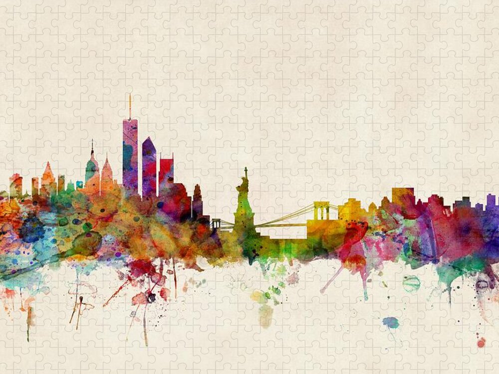 Watercolour Jigsaw Puzzle featuring the digital art New York Skyline by Michael Tompsett