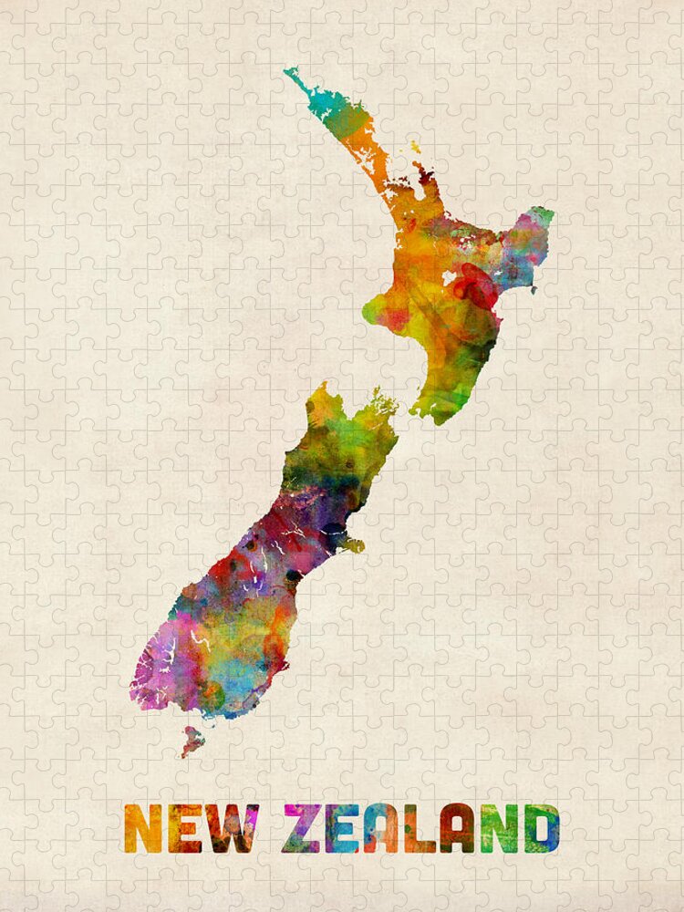 Urban Jigsaw Puzzle featuring the digital art New Zealand Watercolor Map by Michael Tompsett