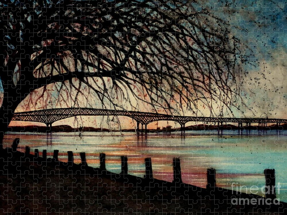 Bridge Jigsaw Puzzle featuring the painting Newburgh Beacon bridge Sunset by Janine Riley
