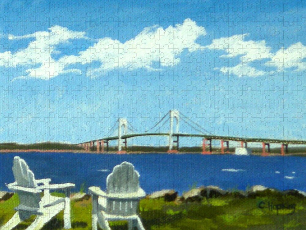 Christine Hopkins Jigsaw Puzzle featuring the painting Newport Bridge Newport Rhode Island by Christine Hopkins