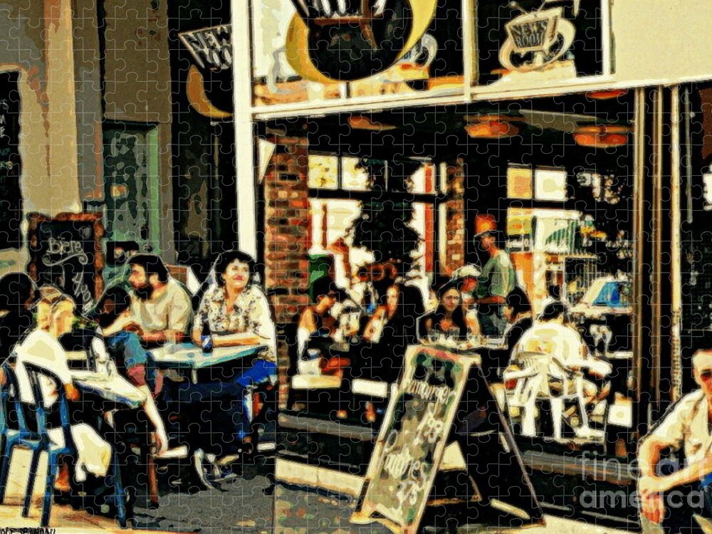 Summer Cafes Montreal Street Scenes Jigsaw Puzzle featuring the painting Newsroom Cafe Terrace Hamburger Et Patates Fast Food Bistro Summer Montreal Cafe Scene by Carole Spandau