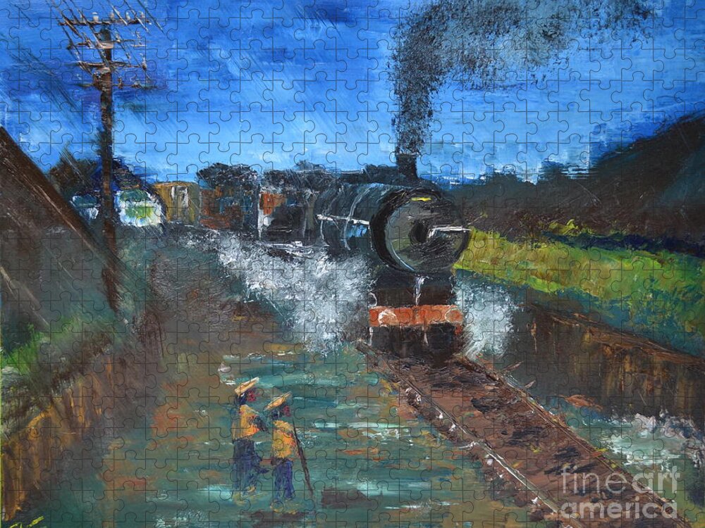 Night Jigsaw Puzzle featuring the painting Night Train by Denise Tomasura
