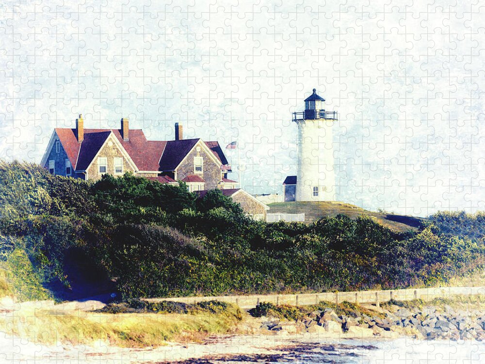 Nobska Lighthouse Jigsaw Puzzle featuring the mixed media Nobska Lighthouse Cape Cod Massachusetts retro style by Marianne Campolongo