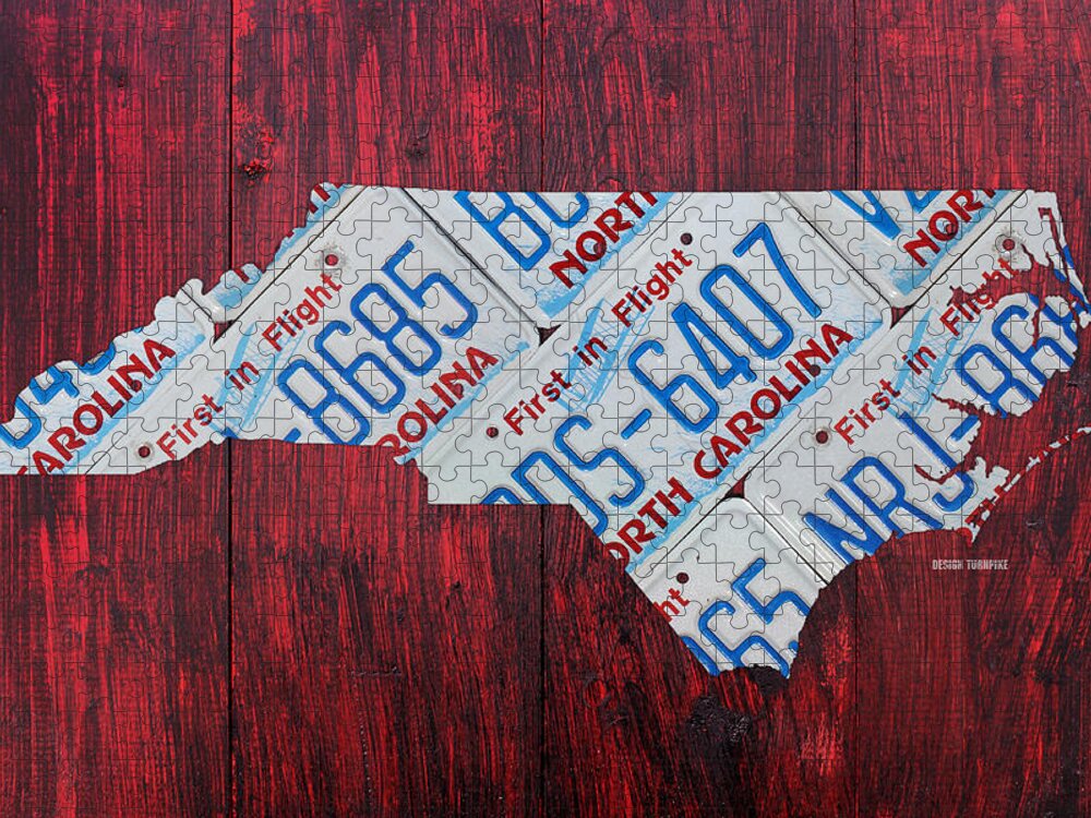 North Jigsaw Puzzle featuring the mixed media North Carolina State License Plate Map Art by Design Turnpike