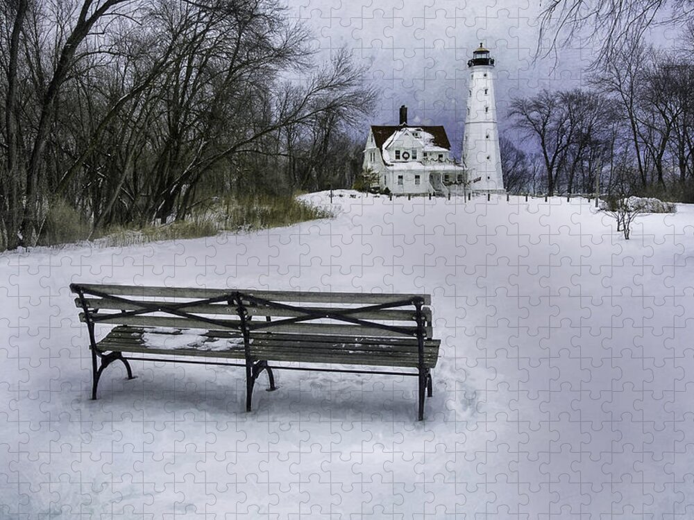 Lighthouse; Light House; Architecture; Beacon; Winter; Snow; Overcast; Cloudy; Cold; White; Tower; Keeper; House; Milwaukee; Lake Michigan; Structure; Building; Midwest; Shore; Nautical; Light Station; Coast; Frozen; Ice; Fine Art Photography; Scott Norris Photography; Bench; Sit; Rest; Park Bench; Wooden Bench Jigsaw Puzzle featuring the photograph North Point Lighthouse and Bench by Scott Norris