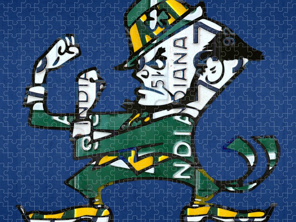 Notre Dame Jigsaw Puzzle featuring the mixed media Notre Dame Fighting Irish Leprechaun Vintage Indiana License Plate Art by Design Turnpike