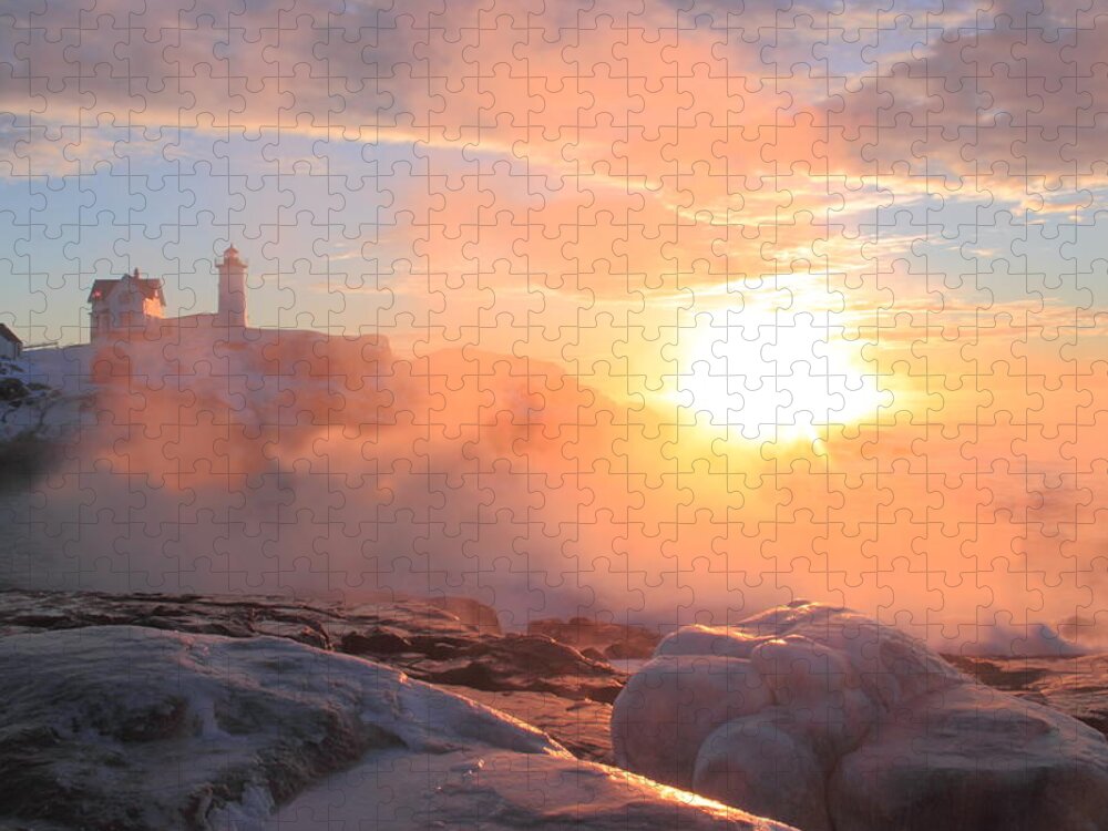 Sea Smoke Jigsaw Puzzle featuring the photograph Nubble Lighthouse Sea Smoke Sunrise Fog by John Burk