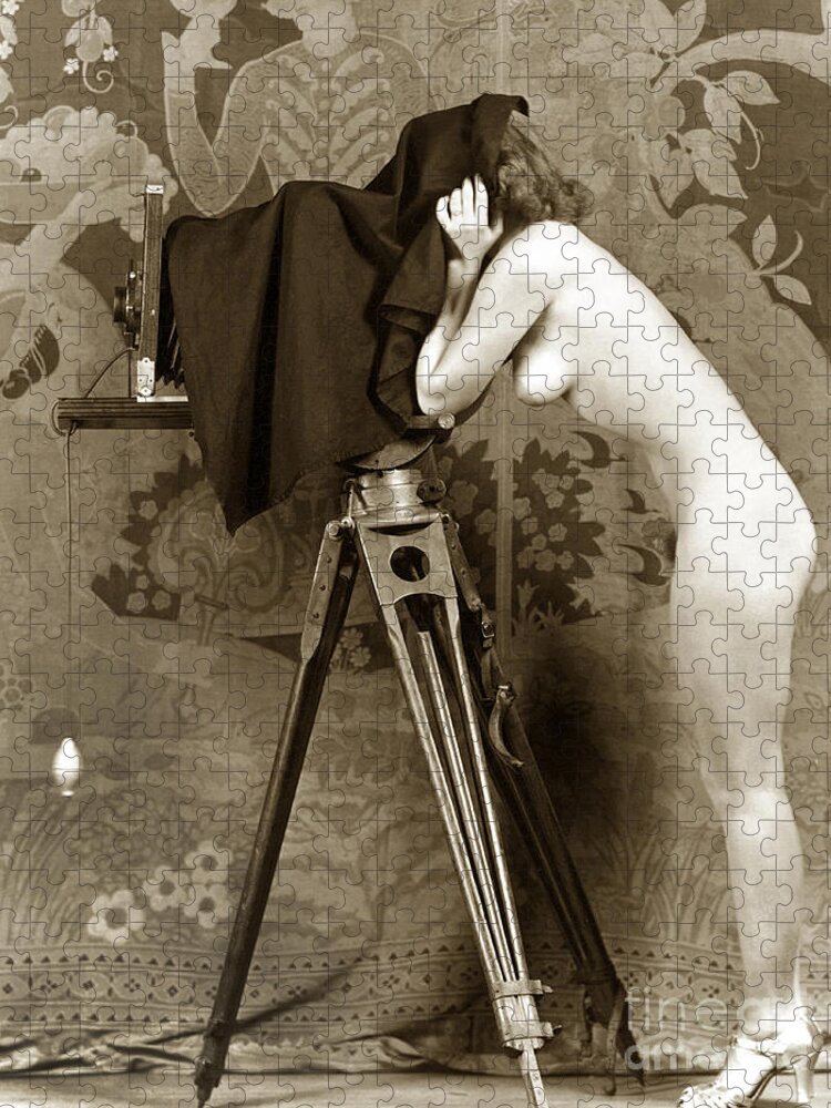 Nude Jigsaw Puzzle featuring the photograph Nude in high heel shoes with studio camera circa 1920 by Monterey County Historical Society