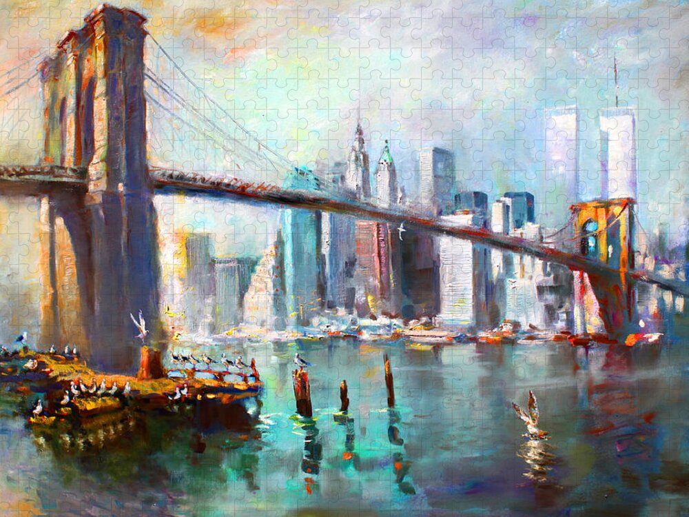 Nyc Jigsaw Puzzle featuring the painting NY City Brooklyn Bridge II by Ylli Haruni