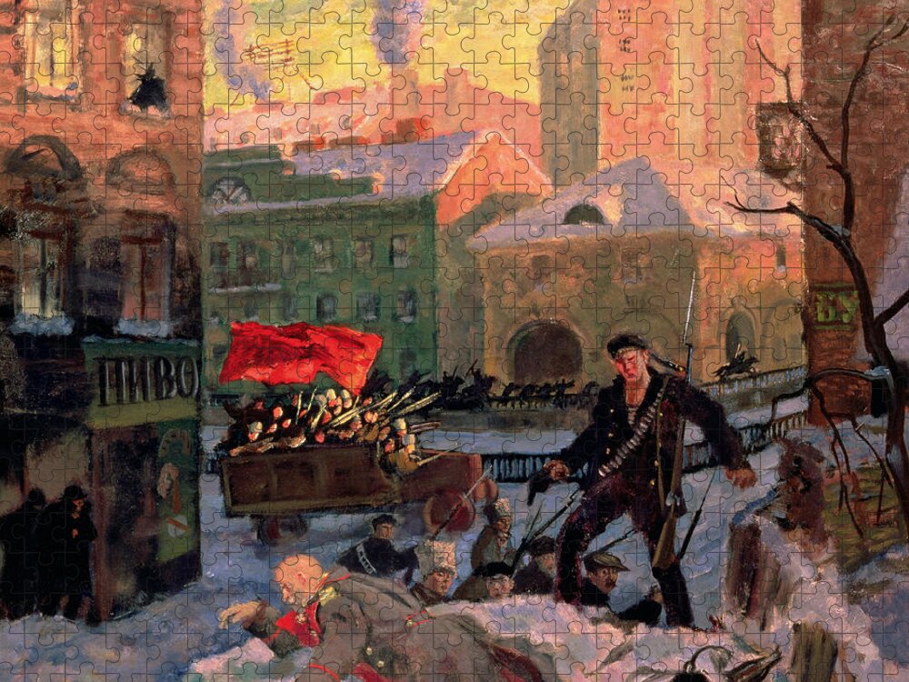October Jigsaw Puzzle featuring the painting October 1917 In Petrograd by Boris Mihajlovic Kustodiev
