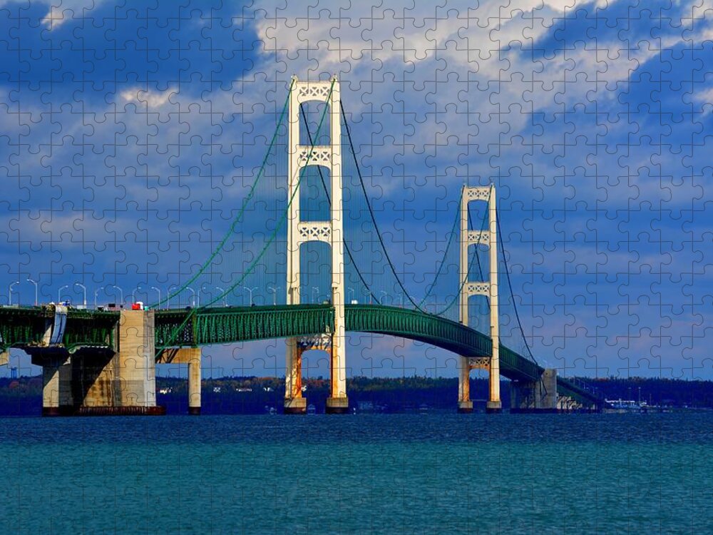 Michigan Jigsaw Puzzle featuring the photograph October Sky Mackinac Bridge by Keith Stokes