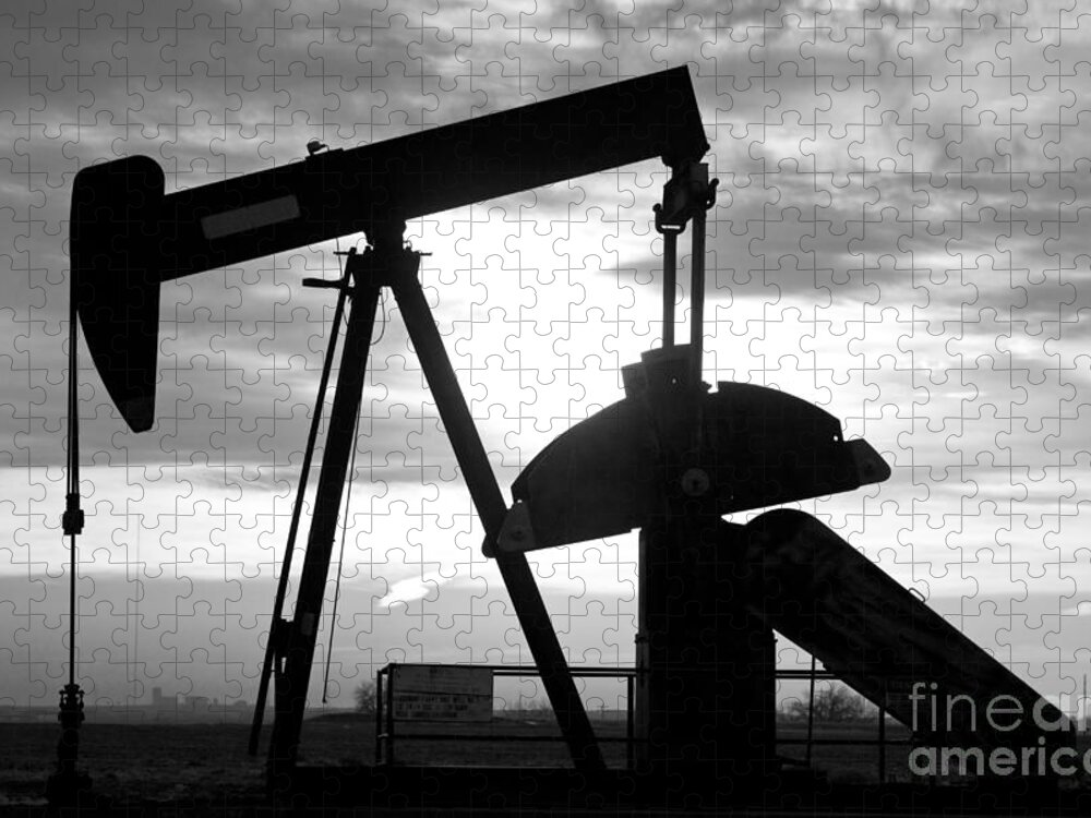 Oil Jigsaw Puzzle featuring the photograph Oil Well Pump Jack Black and White by James BO Insogna