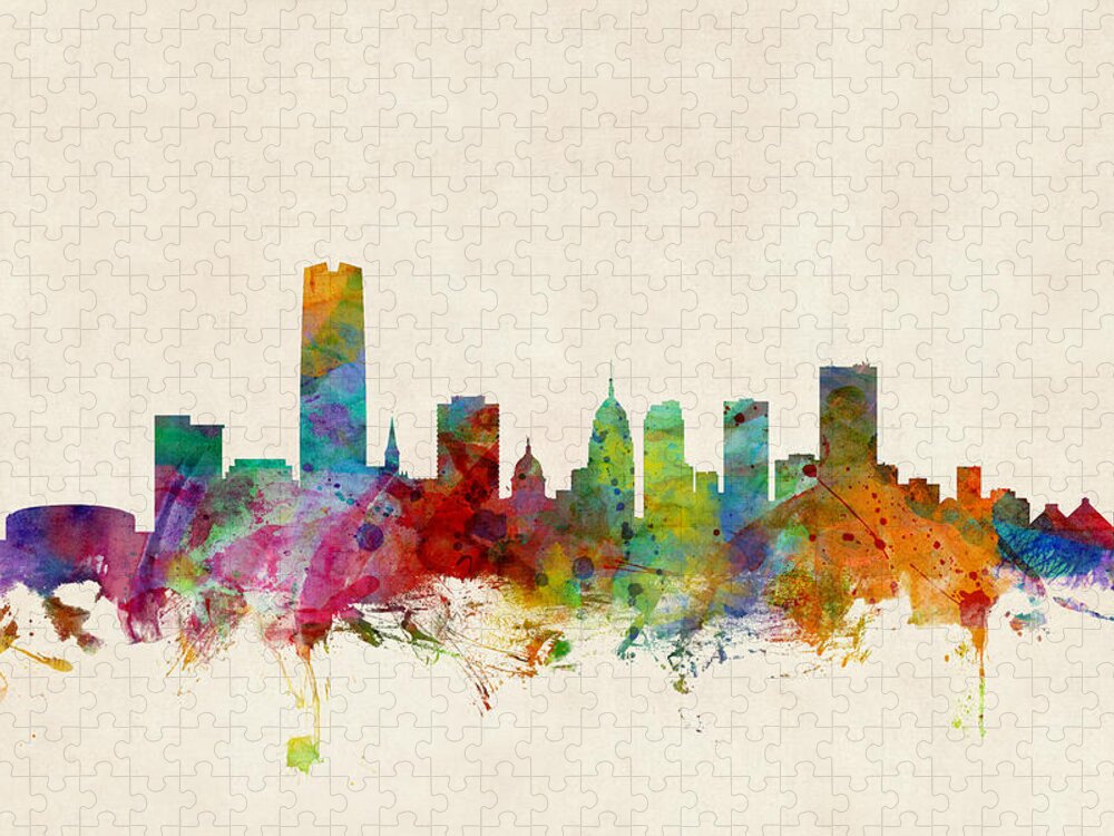 Watercolour Jigsaw Puzzle featuring the digital art Oklahoma City Skyline by Michael Tompsett