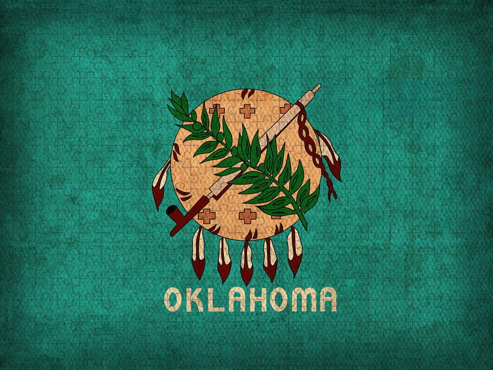 Oklahoma Jigsaw Puzzle featuring the mixed media Oklahoma State Flag Art on Worn Canvas by Design Turnpike