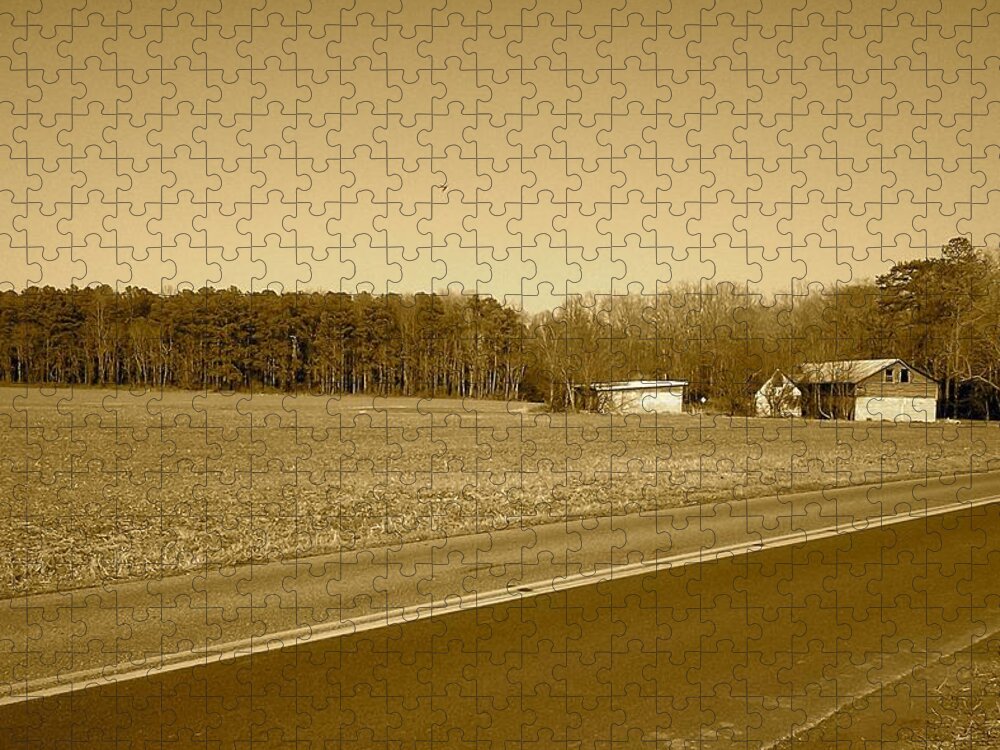 Barn Jigsaw Puzzle featuring the photograph Old Barn and Farm Field In Sepia by Chris W Photography AKA Christian Wilson