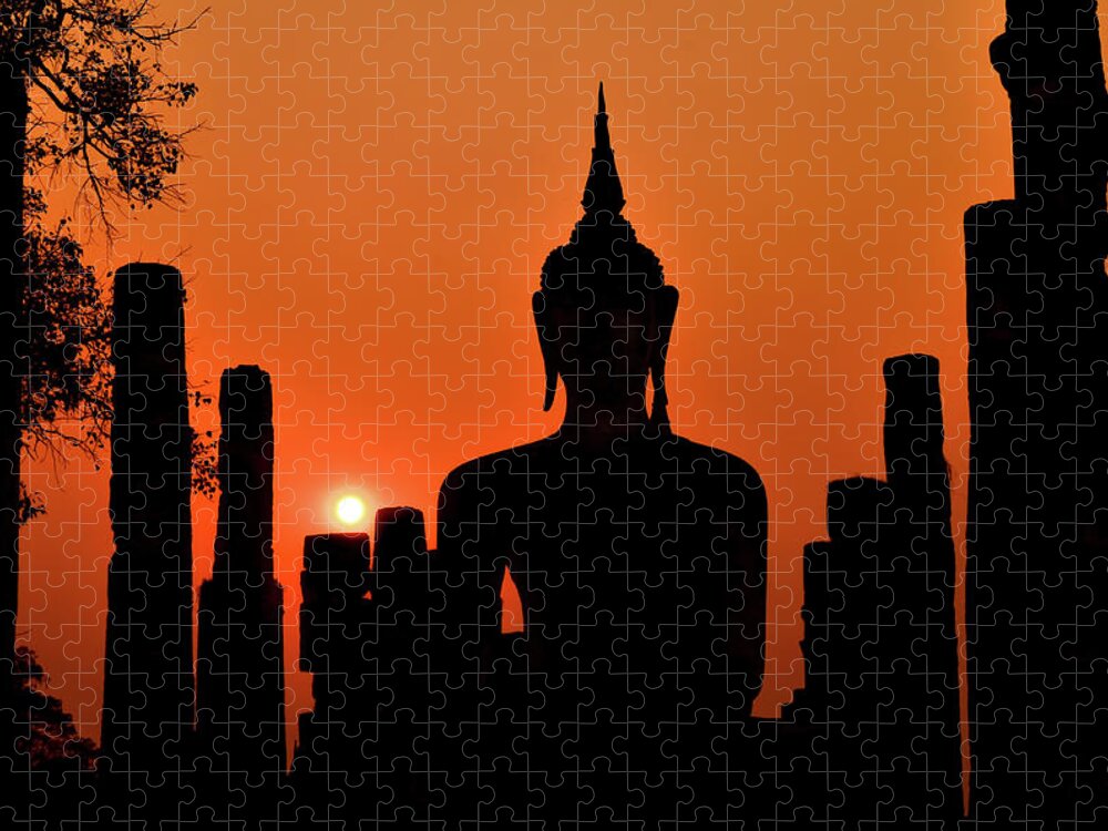 Art Jigsaw Puzzle featuring the photograph Old Buddha Silhouette In Sukhothai by Alexandre Moreau