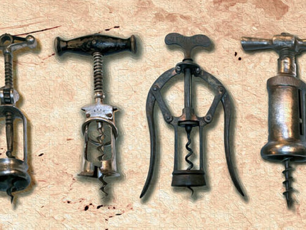   Corkscrew Jigsaw Puzzle featuring the mixed media Old Corkscrews Painting by Jon Neidert