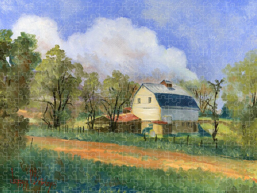 Saunders Jigsaw Puzzle featuring the painting Old Saunders Barn by Jeff Brimley