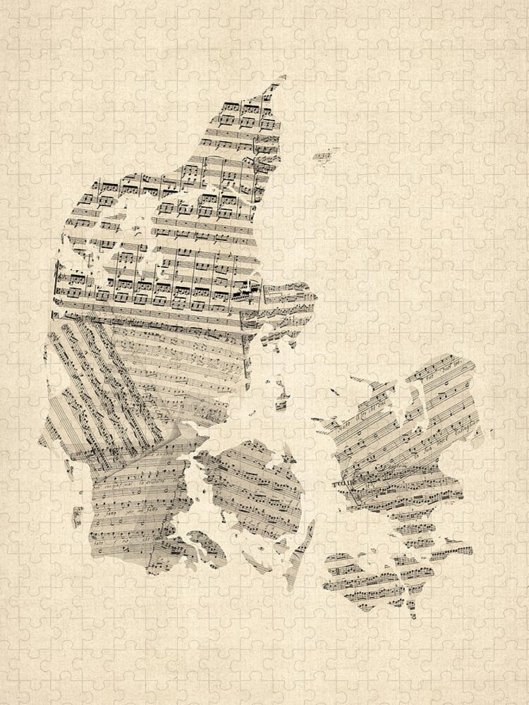 Map Art Jigsaw Puzzle featuring the digital art Old Sheet Music Map of Denmark by Michael Tompsett