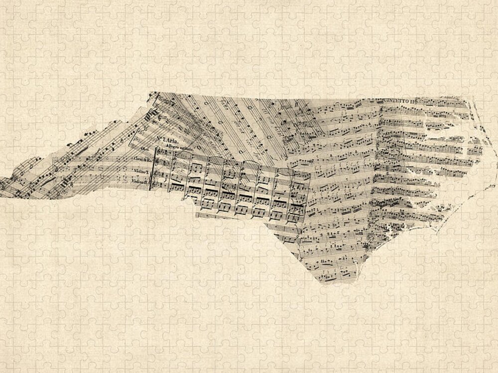 North Carolina Jigsaw Puzzle featuring the digital art Old Sheet Music Map of North Carolina by Michael Tompsett