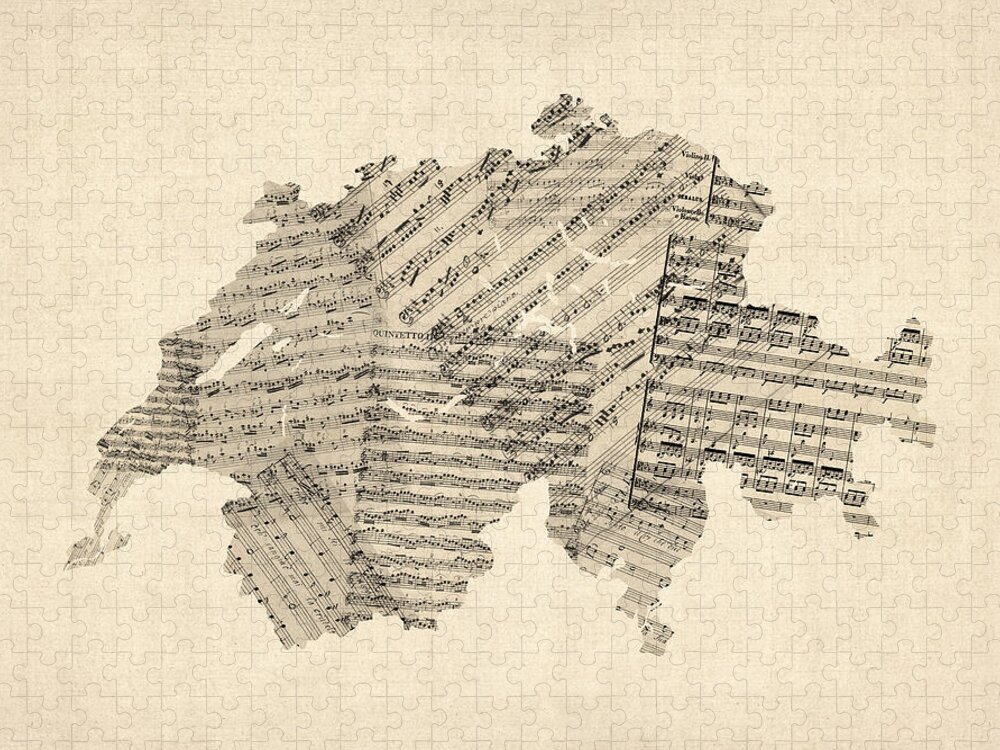 Switzerland Map Jigsaw Puzzle featuring the digital art Old Sheet Music Map of Switzerland Map by Michael Tompsett