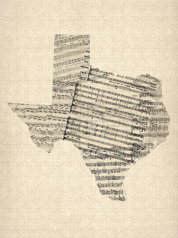 Texas Jigsaw Puzzle featuring the digital art Old Sheet Music Map of Texas by Michael Tompsett