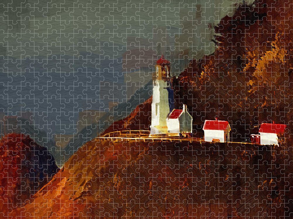 Lighthouse Jigsaw Puzzle featuring the painting On The Bluff by Kirt Tisdale
